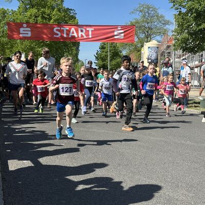 Im Vordergrund sind zahlreiche Jungen und M&auml;dchen zu sehen, die am Bambinilauf teilnehmen. Im Hintergrund der Startpunkt, ein Banner mit dem Aufdruck: "START" und dem Logo der Sparkasse.