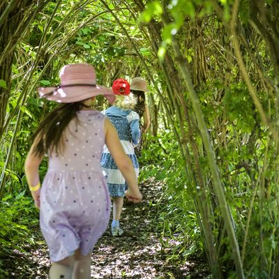 Drei M&auml;dchen laufen durch die Natur.