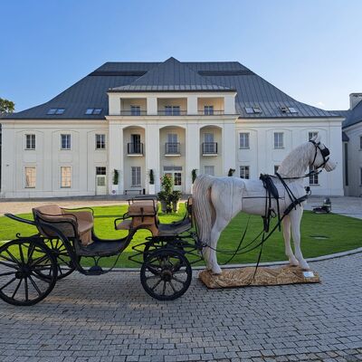 Eine Pferdekutsche mit einem Schimmel steht vor einem Rasenrondell. Im Hintergrund ist ein hochherrschaftliches Gutsschloss zu sehen.