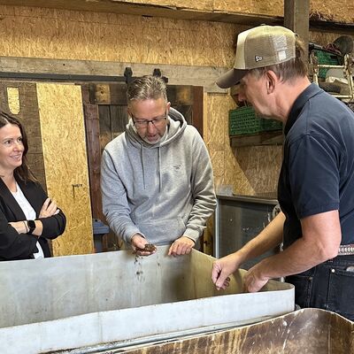 Zwei M&auml;nner und eine Frau, alle mittleren Alters, stehen vor einer Metallwanne mit D&uuml;nger aus Pferde&auml;pfeln.