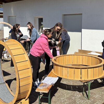Mehrere Frauen stehen vor einer wei&szlig;en H&auml;userwand eines Tierheimgel&auml;ndes und arbeiten an hellen Holz-Paddocks. Im Hintergrund sind links im Bild Zwingeranlagen zu sehen, vor denen zwei M&auml;nner stehen.